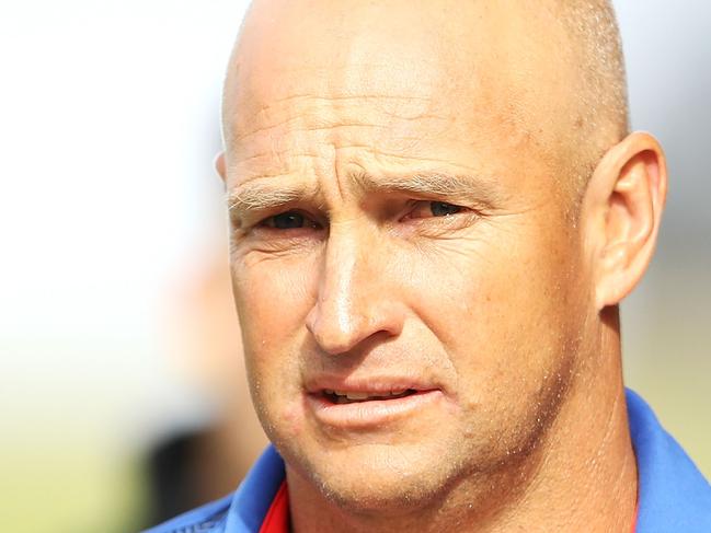 WOLLONGONG, AUSTRALIA - FEBRUARY 23: Knights coach Nathan Brown looks on during the NRL trail match between the St George Illawarra Dragons and the Newcastle Knights at WIN Stadium on February 23, 2019 in Wollongong, Australia. (Photo by Mark Kolbe/Getty Images)