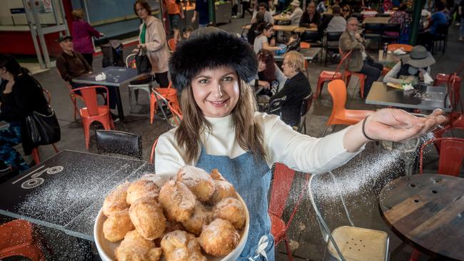 Jess Pelich sells the piroshki at the Preston Market. Picture: Jake Nowakowski