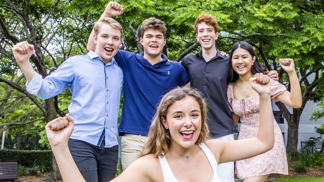 Top ATAR students Matina Samios (front) with Declan Fletcher, Lewis Luck, Connor Davis and Katherine Nguyen. Picture: Richard Walker