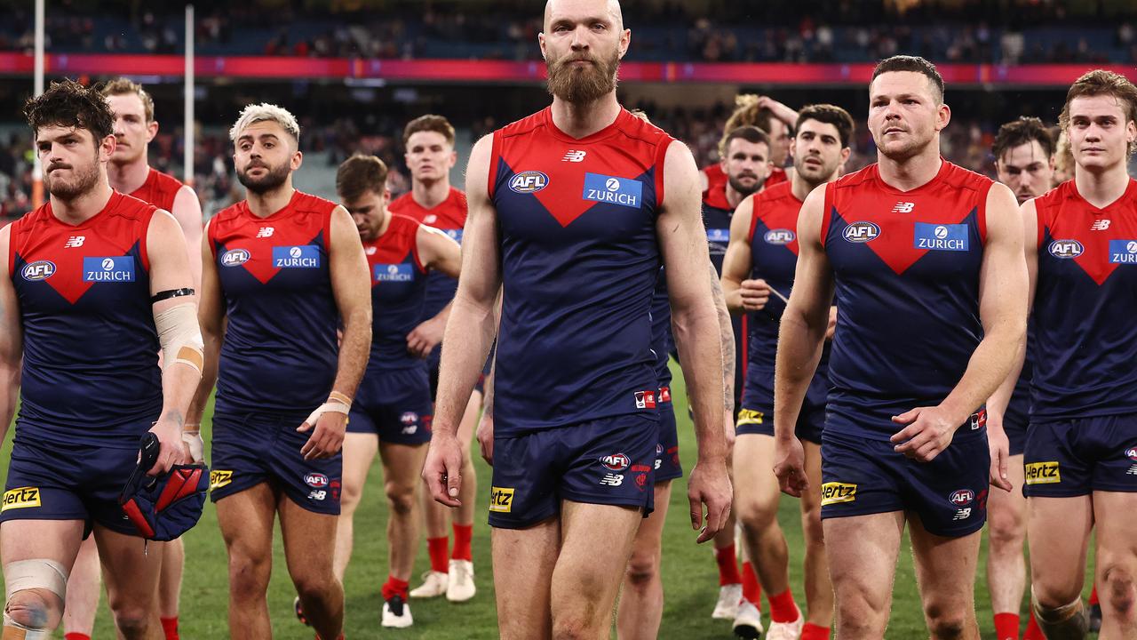 Skipper Max Gawn and his dejected teammates make their way from the field. Picture: Michael Klein