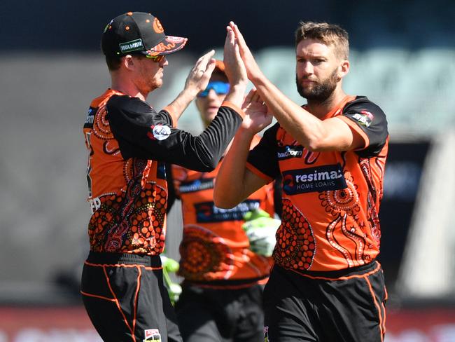 Ashton Turner and Andrew Tye from the Scorchers celebrate the dismissal of Alex Carey of the Adelaide Strikers during the Big Bash League (BBL) match between the Adelaide Strikers and the Perth Scorchers at Adelaide Oval in Adelaide, Saturday, February 9, 2019.(AAP Image/David Mariuz) NO ARCHIVING, EDITORIAL USE ONLY