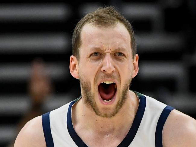 SALT LAKE CITY, UT - OCTOBER 16: Joe Ingles #2 of the Utah Jazz celebrates a play during a preseason game Portland Trail Blazers at Vivint Smart Home Arena on October 16, 2019 in Salt Lake City, Utah. NOTE TO USER: User expressly acknowledges and agrees that, by downloading and or using this photograph, User is consenting to the terms and conditions of the Getty Images License Agreement.  (Photo by Alex Goodlett/Getty Images)