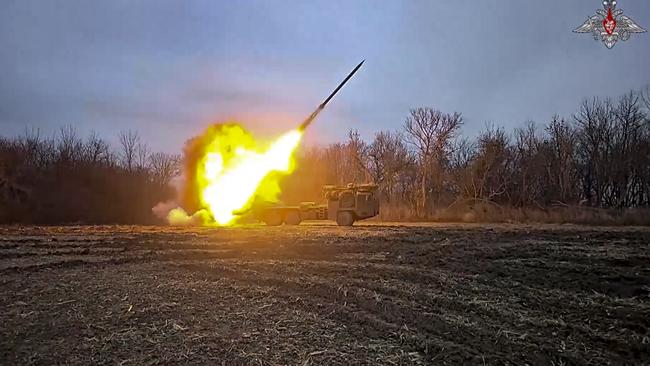 In this photo taken from a video distributed by Russian Defense Ministry Press Service on Thursday, Feb. 6, 2025, a Russian self-propelled multiple rocket launcher Uragan (Hurricane) is fired toward Ukrainian position at an undisclosed location in the Kursk region border area. Picture: Russian Defense Ministry Press Service/AP