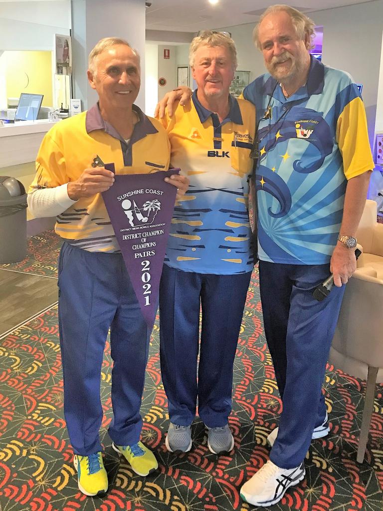 Ed Boxall and Peter Johnson from Caloundra celebrate winning the champion of champion men's pairs with Tim Phillips. Picture: Contributed