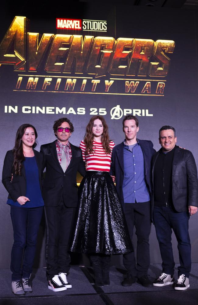 A small portion of the Infinity War team — (from left) executive producer Trinh Tran, actors Downey, Karen Gillan and Cumberbatch, and co-director Joe Russo — at a press conference in Singapore on April 15. Picture: Marvel Studios/Disney