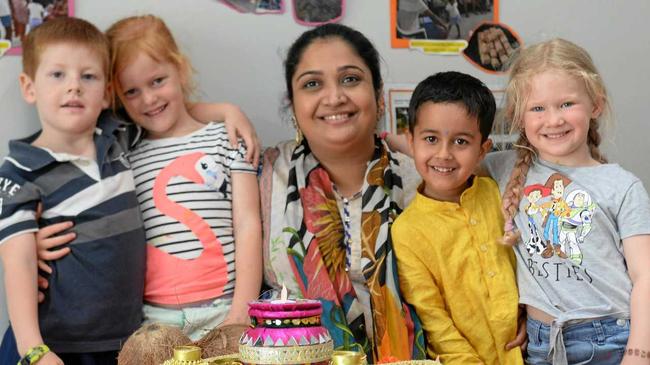 FESTIVAL FUN Cooper, Hayley, Miss Mariam, Aarvik and Annabelle celebrate Diwali at Natural Wonders Early Learning Centre. Picture: Jann Houley