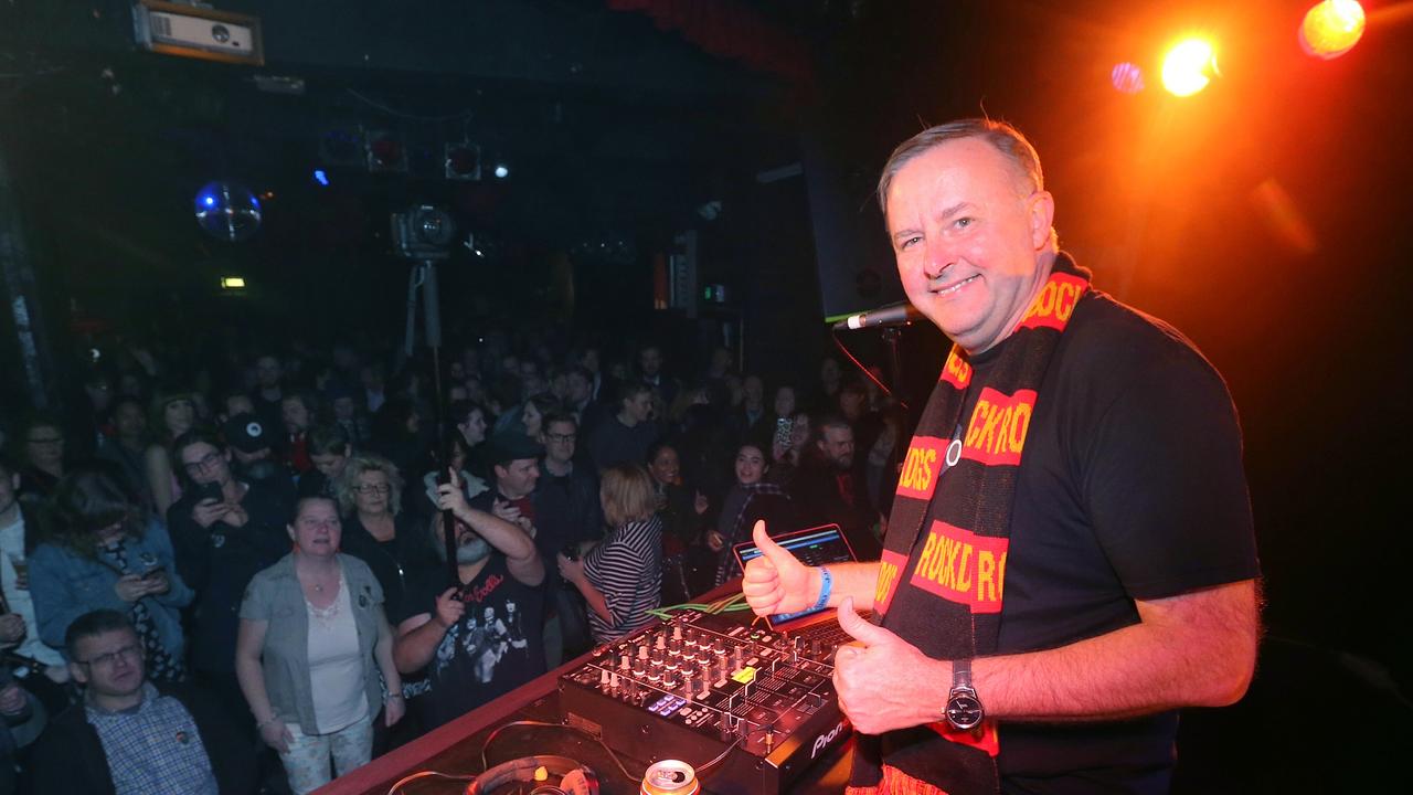 Federal ALP member Anthony Albanese wows the crowd at The Corner Hotel in Melbourne where he was DJ as part of a fundraiser for Reclink Australia. Picture: Ian Currie