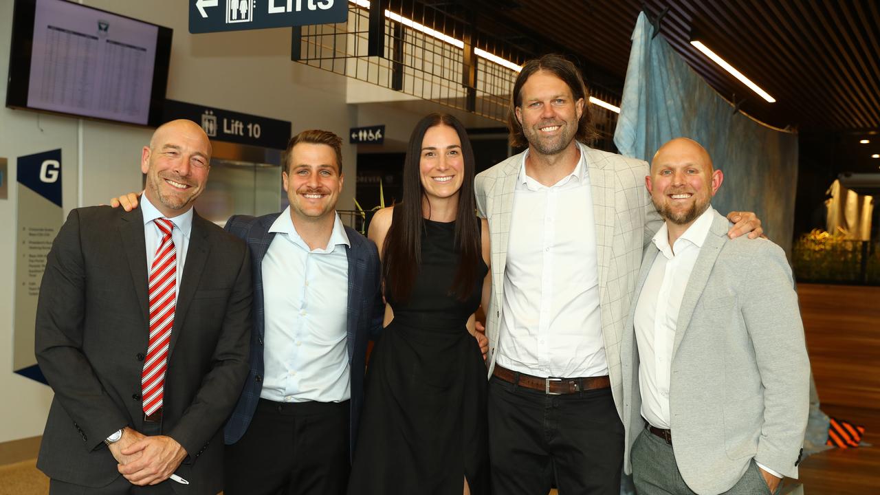 Teachers David Ellis, Taylor Buchanan, Jess Scannell, David Fanning and Andrew Macki at the Belmont High School year 12 graduation at GMHBA Stadium. Picture: Alison Wynd