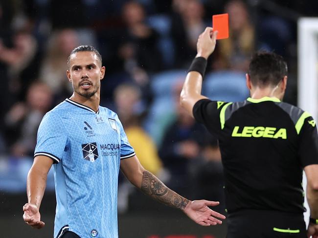 SYDNEY, AUSTRALIA - MAY 10: Jack Rodwell of Sydney FC receives a red card during the A-League Men Semi Final match between Sydney FC and Central Coast Mariners at Allianz Stadium, on May 10, 2024, in Sydney, Australia. (Photo by Cameron Spencer/Getty Images)