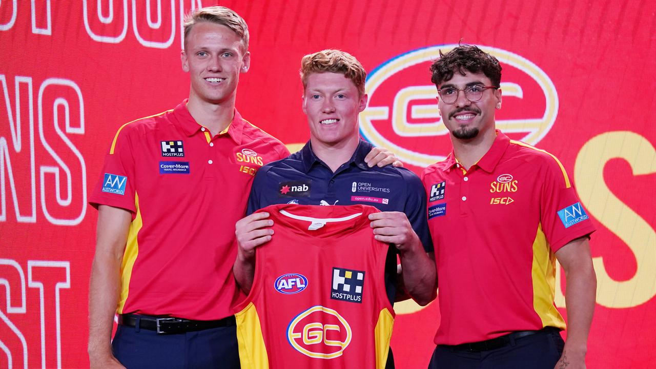 Matt Rowell with Jack Lukosius and Izak Rankine after joining the Suns. Picture: Michael Dodge