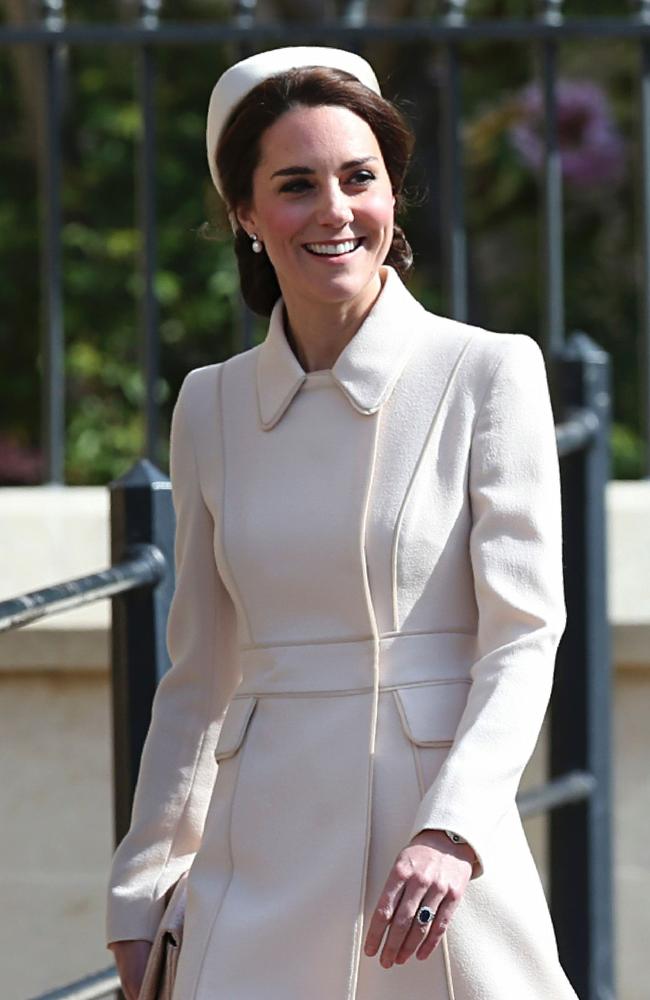 The same Catherine Walker coat dress was worn at the royal family’s Easter Sunday service a year later. Picture: AFP