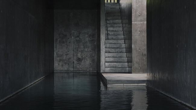 The sheltered black-concrete subterranean pool, linked to a planted void at the heart of the home. Picture: Ben Hosking.