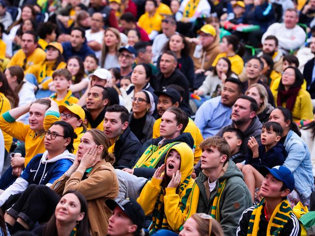 SYDNEY, AUSTRALIA - AUGUST 12: Fans At the Sydney FIFA Fan Festival watch the Matildas FIFA World Cup Game, being played in Brisbane, on August 12, 2023 in Sydney, Australia. (Photo by Jenny Evans/Getty Images)