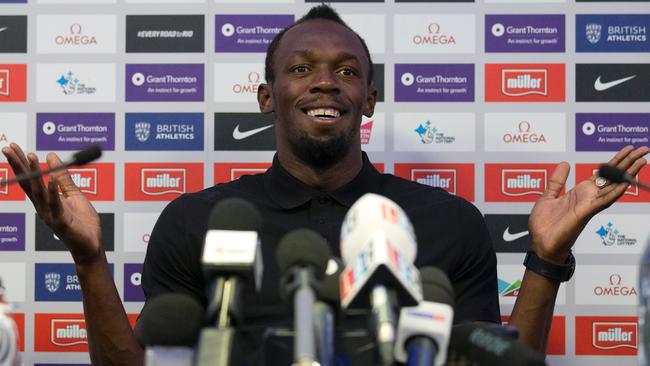 Jamaican sprinter Usain Bolt speaks at a press conference in London