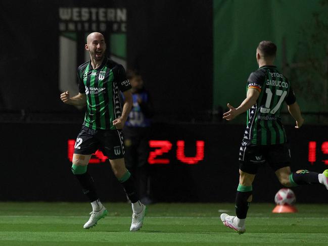 Angus Thurgate of Western United celebrates scoring a goal during the round 29 A-League Men match against Auckland FC. Picture: Daniel Pockett/Getty Images
