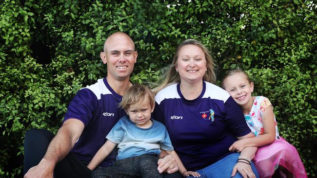 Darren and Sarah McNees with George and Arabella before the parents participate in the Point to Pinnacle 2019 to raise awareness for brain cancer. Picture: NIKKI DAVIS-JONES