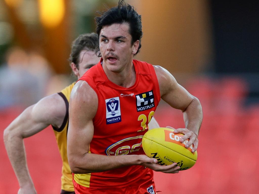 GOLD COAST, AUSTRALIA – SEPTEMBER 16: Elijah Hollands of the Suns in action during the 2023 VFL Preliminary Final match between the Gold Coast SUNS and The Box Hill Hawks at Heritage Bank Stadium on September 16, 2023 in Gold Coast, Australia. (Photo by Russell Freeman/AFL Photos via Getty Images)