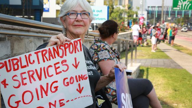 Keelah Lam of Fairlight at a protest at Brookvale last year against moves to allow public bus services on the northern beaches to be operated by a private company. Picture: Mark Scott