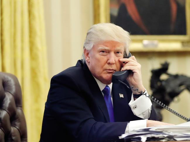 Donald Trump during a conversation with Malcolm Turnbull. The leaked transcript of that call embarrassed the two countries. Picture: AP