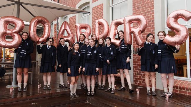 Boarders at South Yarra's Melbourne Girls Grammar were welcomed back with giant balloons at the start of Term 3, prior to mandatory face mask use. Picture: Supplied.