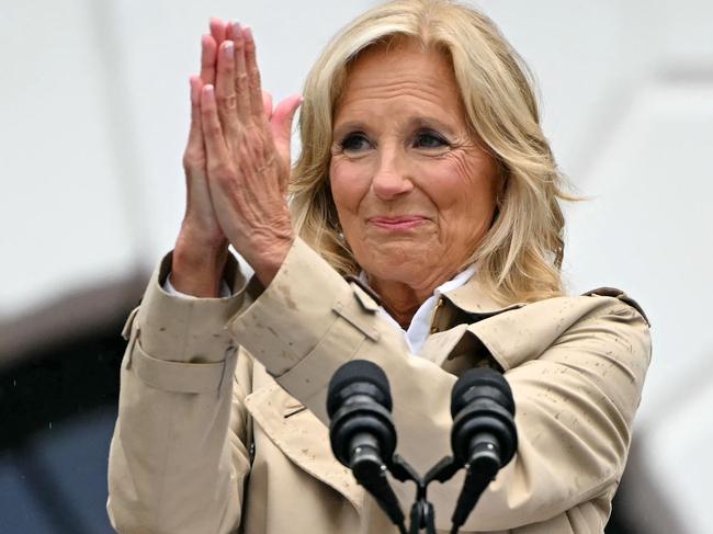 TOPSHOT - US First Lady Jill Biden gestures after speaking during a barbeque for active-duty military families in honor of the Fourth of July on the South Lawn of the White House in Washington, DC, July 4, 2024. (Photo by Mandel NGAN / AFP)