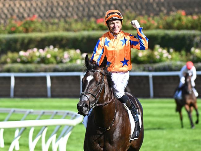 MELBOURNE, AUSTRALIA - MARCH 23: Opie Bosson riding Imperatriz after winning Race 8, the 3 Point Motors William Reid Stakes, riding during Melbourne Racing at Moonee Valley Racecourse on March 23, 2024 in Melbourne, Australia. (Photo by Vince Caligiuri/Getty Images)