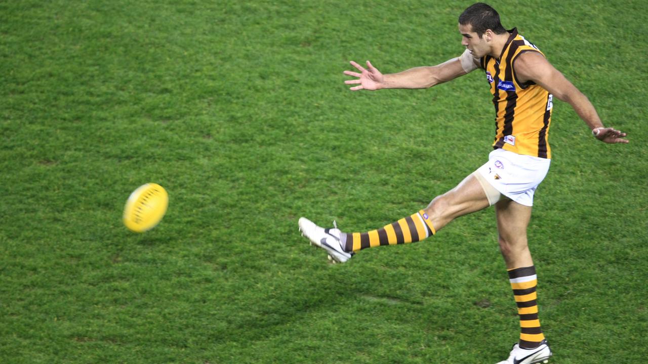 Franklin’s career began at Hawthorn. He’s pictured here in 2008 scoring his 100th goal of the season in a game against Carlton. Picture: file image