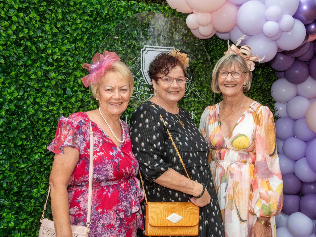 (From left) Rhonda Byrnes, Jenny Tedford and Daphne Brettell. Weetwood Raceday at Toowoomba Turf Club. Saturday, September 28, 2024. Picture: Nev Madsen.