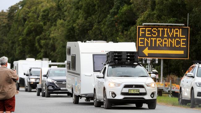 Ticket holders pack up and leave after Bluesfest was cancelled on Wednesday. Picture: Scott Powick