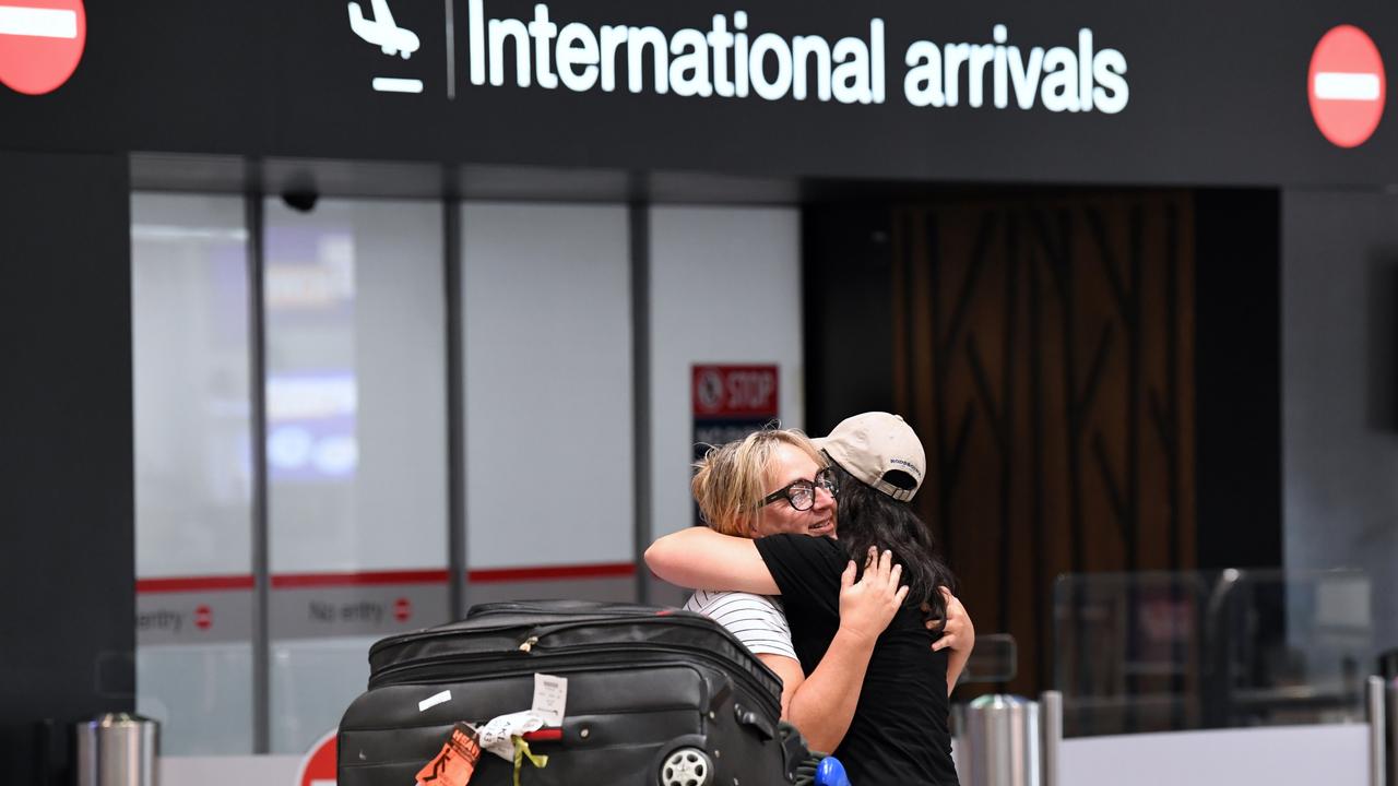 Passengers from Australia are greeted by friends and relatives at Auckland Airport on April 19, 2021 in Auckland, New Zealand. Picture: James D. Morgan/Getty Images