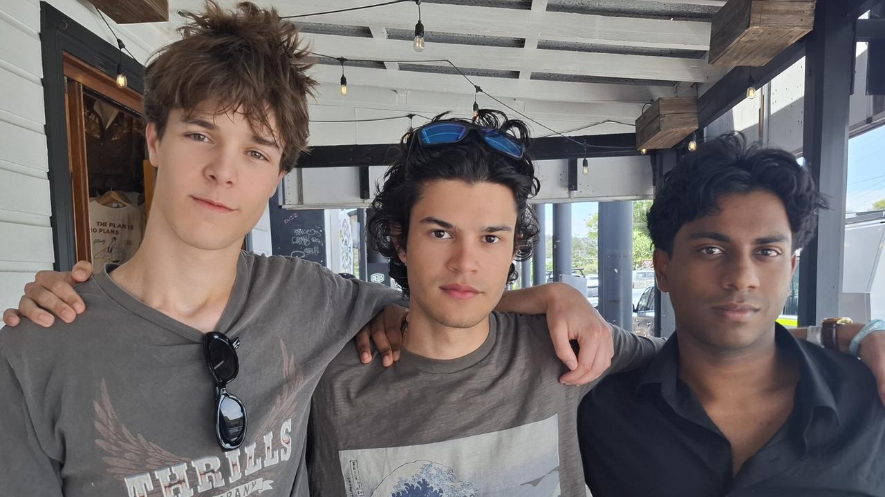 Jake Burgess, 18, Jai Chhabra, 18, and Ajit Naidu, 18, at Byron Bay Schoolies celebrations on November 28, 2024. Picture: Sam Stolz.