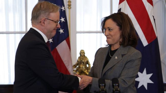 WASHINGTON, DC - OCTOBER 26: Australian Prime Minister Anthony Albanese (L) shakes hands with U.S. Vice President Kamala Harris (R) during a luncheon at the State Department on October 26, 2023 in Washington, DC. Prime Minister Albanese is on a state visit in the U.S.   Alex Wong/Getty Images/AFP (Photo by ALEX WONG / GETTY IMAGES NORTH AMERICA / Getty Images via AFP)