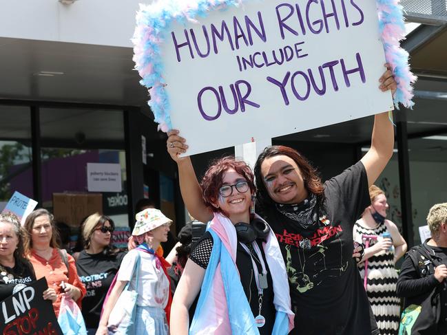 Protesters gather at Tim Nicholls Electorate office in a gathering organised by Magandjin PeopleÃs Pride to protest the decision to stop puberty blockers. Pics Adam Head