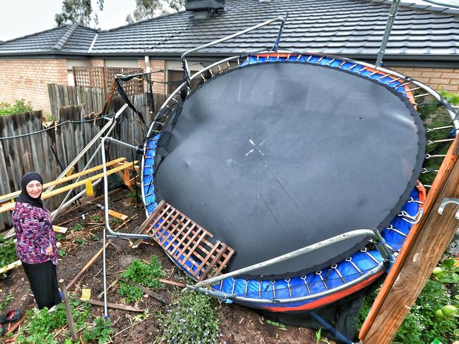 Nada Kaskine from Truganina stands next to her husband’s vegie patch where a trampoline landed from a street away.  Picture: Tim Carrafa