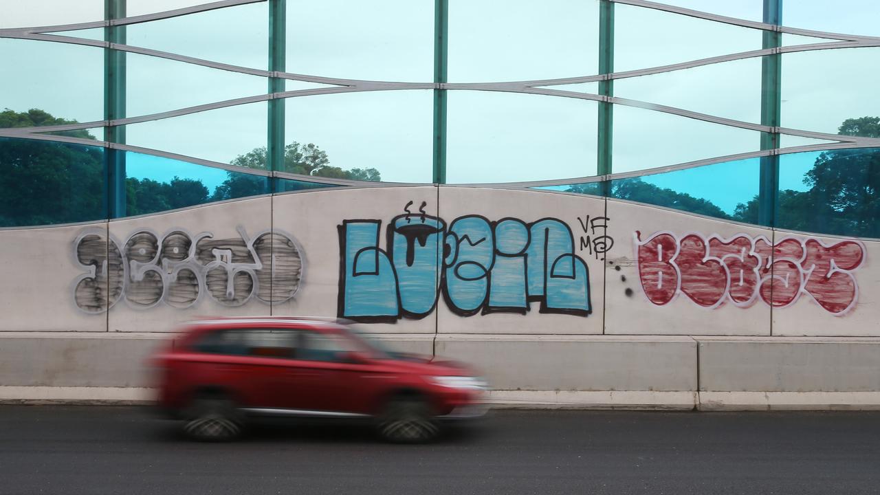 Graffiti around and under West Gate Freeway at the Millers Rd on and off ramps. Picture: Brendan Beckett