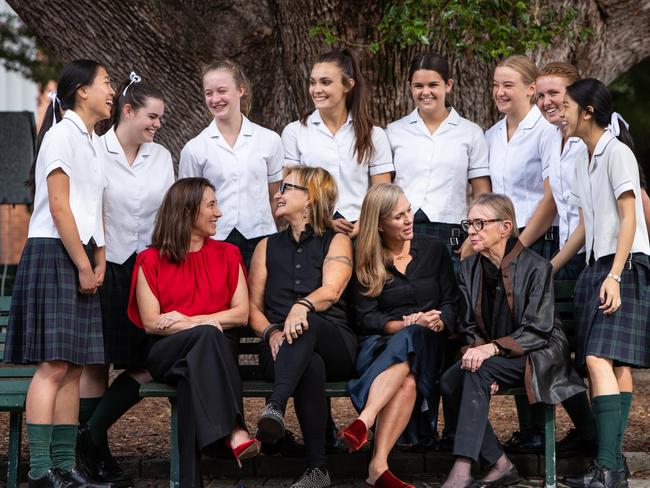 # EMBARGOED for use in The Australian ONLY, pic selection must be approved by Helen Trinca as school permissions need to be sought # Portraits taken at the "Women in Education" panel discussion in front of 200 students at Presbyterian Ladies College in Croydon on 1st March 2019. Picture shows seated (L-R):Vogue editor in chief Edwina McCann. (panelist)Chef Christine Manfield (panelist).Caroline Overington (moderator).Justice Carolyn Simpson, (panelist)With students from PLC who were attending the seminar.(Pictures by Julian andrews).