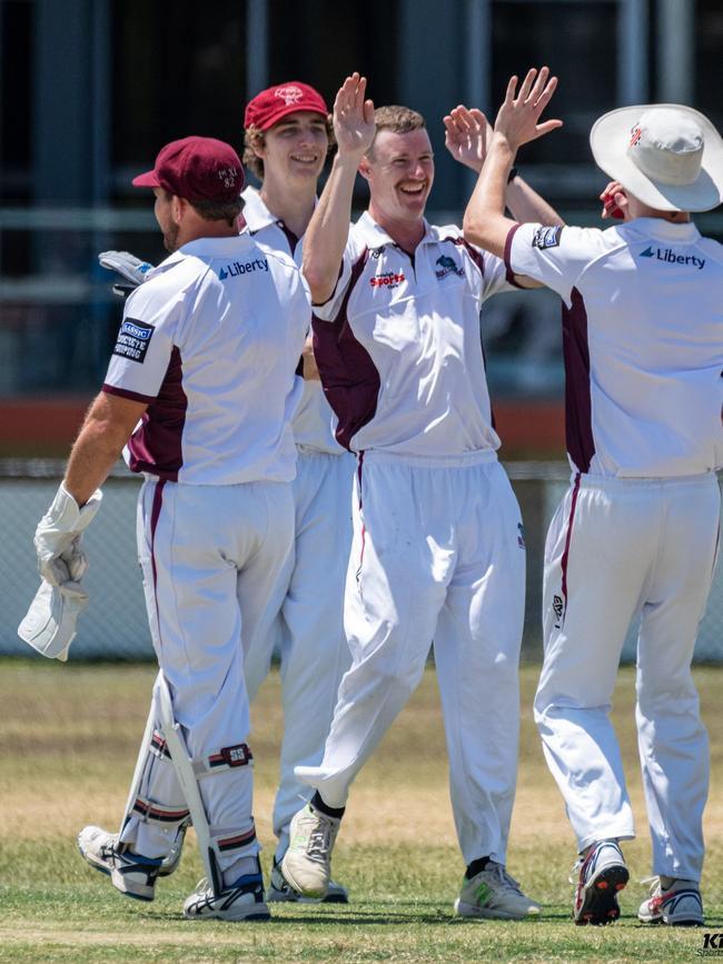 Jimmy Spargo (centre) celebrates a wicket for Burleigh. Pic: KPM Sports Images