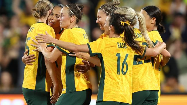 PERTH, AUSTRALIA - NOVEMBER 01: Mary Fowler of Australia celebrates a goal during the AFC Women's Asian Olympic Qualifier match between Australia and Chinese Taipei at HBF Park at HBF Park on November 01, 2023 in Perth, Australia. (Photo by Paul Kane/Getty Images)