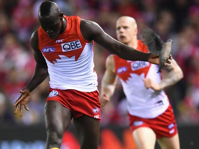 Is it a bird? Well yes, but Swan Aliir Aliir also had the game in his hands late against North. Pic: Getty Images