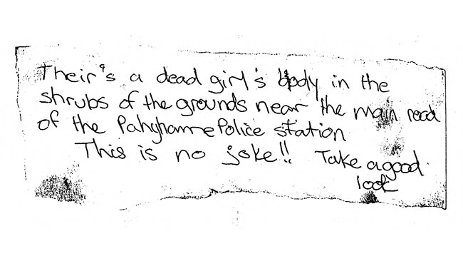 The anonymous note which led police to body of murder victim Maya Jakic.