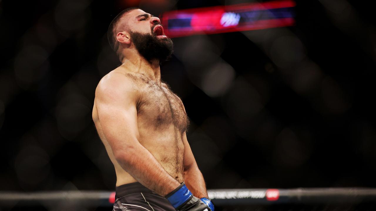 Jacob Malkoun celebrates his upset victory at UFC 271. Picture: Carmen Mandato/Getty