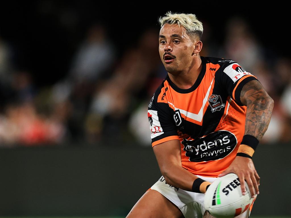 Jayden Sullivan could leave the Wests Tigers before the year is done, after completing a medical with the Rabbitohs. Picture: Getty Images