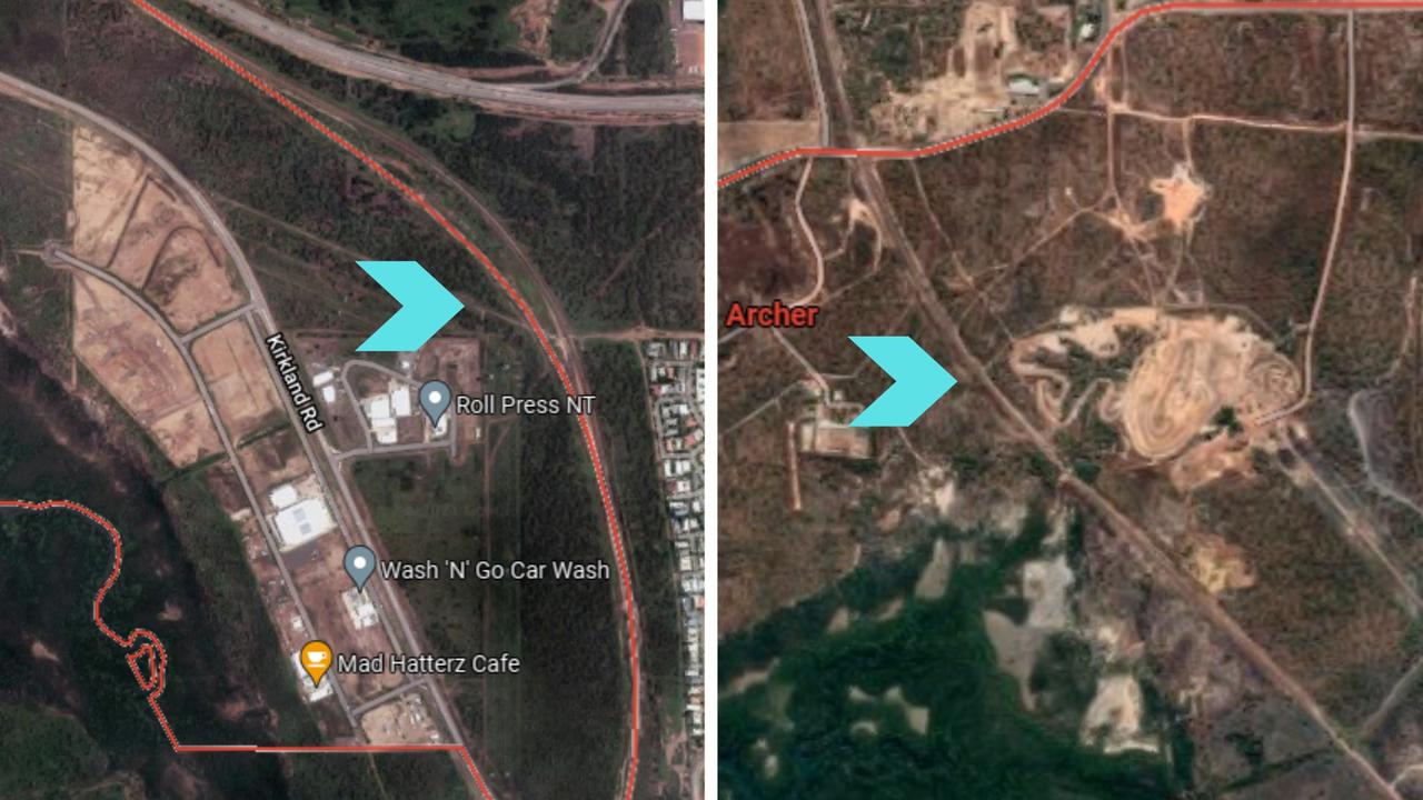 The proposed locations for the new Darwin Passenger Railway Terminal, Tivendale (left) and Archer (right). Exact locations in blue. Picture: Google Maps