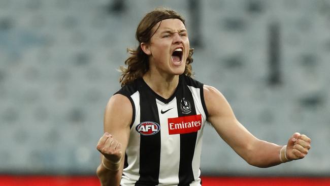 Jack Ginnivan celebrates kicking his first AFL goal. Picture: Darrian Traynor/Getty Images