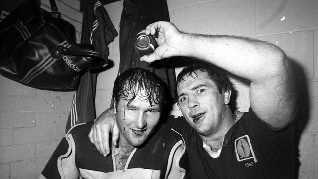 Rod Morris, right, celebrates a Queensland win with Rohan Hancock. Picture by Jim Fenwick The Courier-Mail Photo Archive