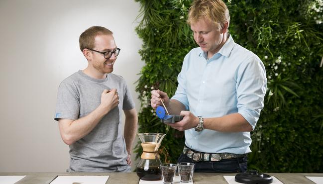 Barista trainer Matt Brown and Dr Adam Carr want to find the right water to make the perfect cup of coffee. Picture: Dylan Robinson