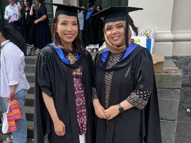 Vida Damayana (Master of Public Policy and Management) and Anmisa Rachmi (Master of Public Policy and Management) at the University of Melbourne graduations held at the Royal Exhibition Building on Monday, December 16, 2024. Picture: Jack Colantuono