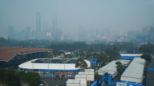 A smoke haze blanketing the city from Melbourne Park. Picture: AAP/Michael Dodge