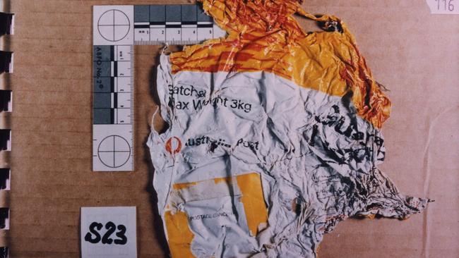 The reconstructed envelope in which the bomb was sent.