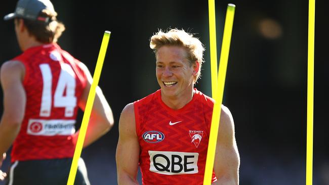 Heeney in a better mood at Swans training on Thursday. (Photo by Brett Costello)